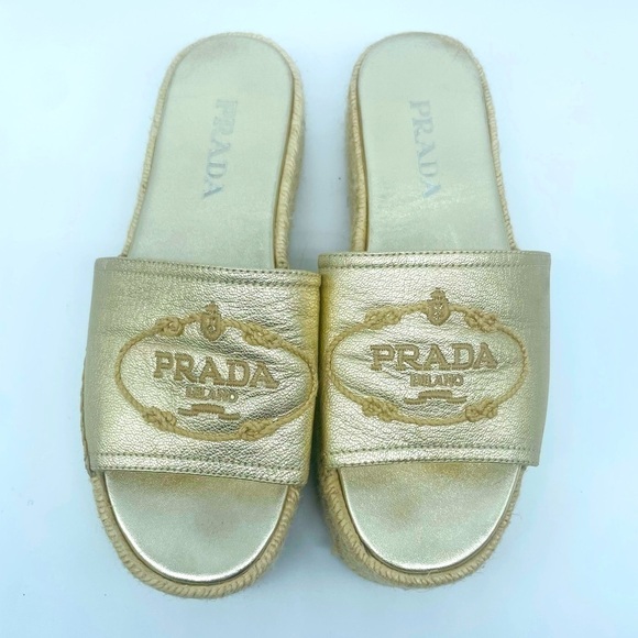 Prada Gold leather logo embroidered accent slide espadrille sandal EU 39 - Picture 1 of 10